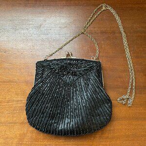 Vintage Black Beaded Evening Bag Kiss Lock Clutch w/ Chain Strap Art Deco Style